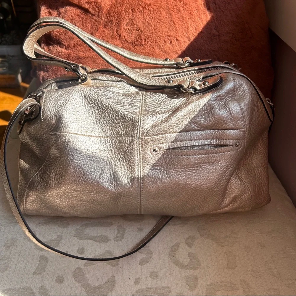 B.Makowsky Champagne Metallic Satchel Leather Crossbody Bag